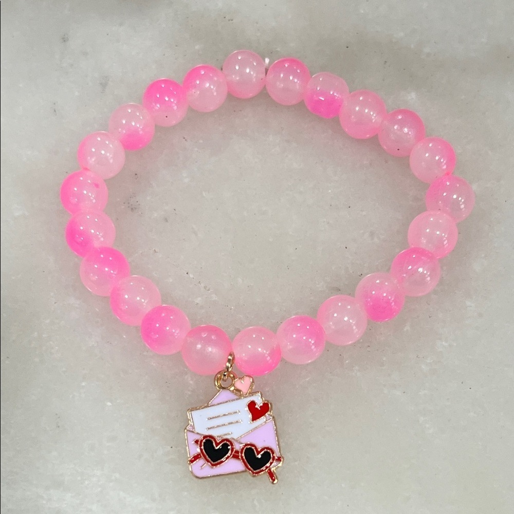 Pink Beaded Bracelet with Heart Charm